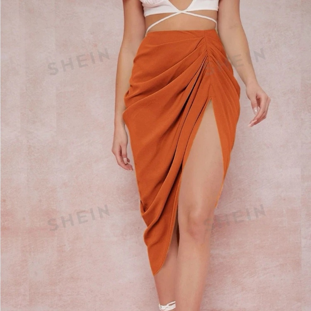 Ruched high-slit midi skirt